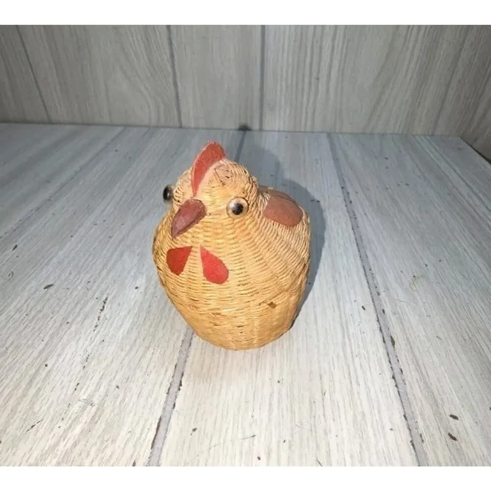 Vtg 70s Woven Basket Chicken Hen Basket Box Bird Wood 4” Easter Trinket Decor